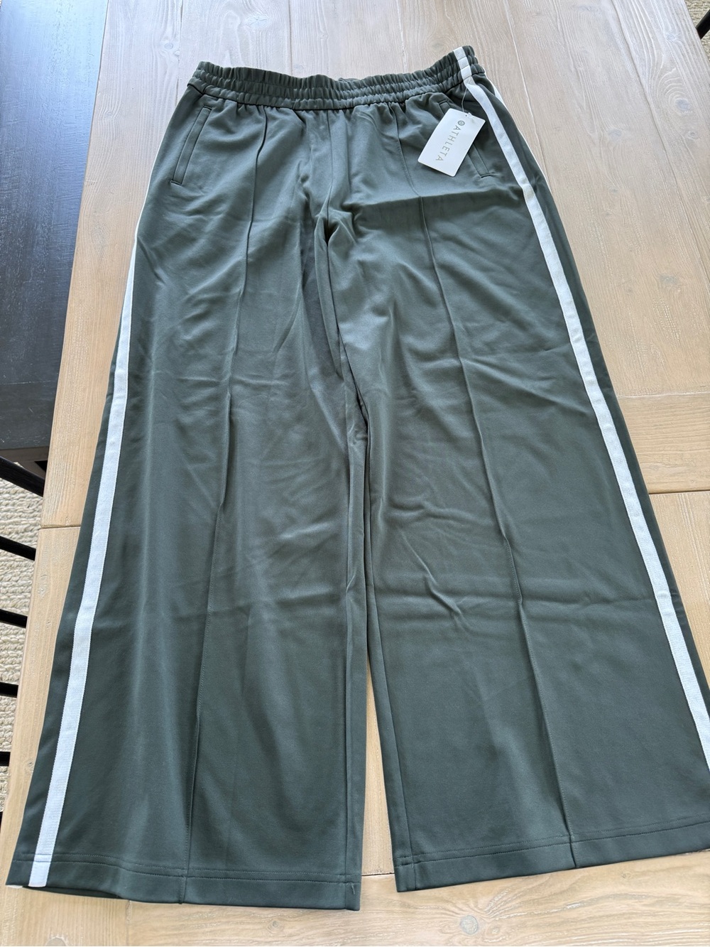Athleta Olive Green Wide-Leg Pants with White Side Stripes